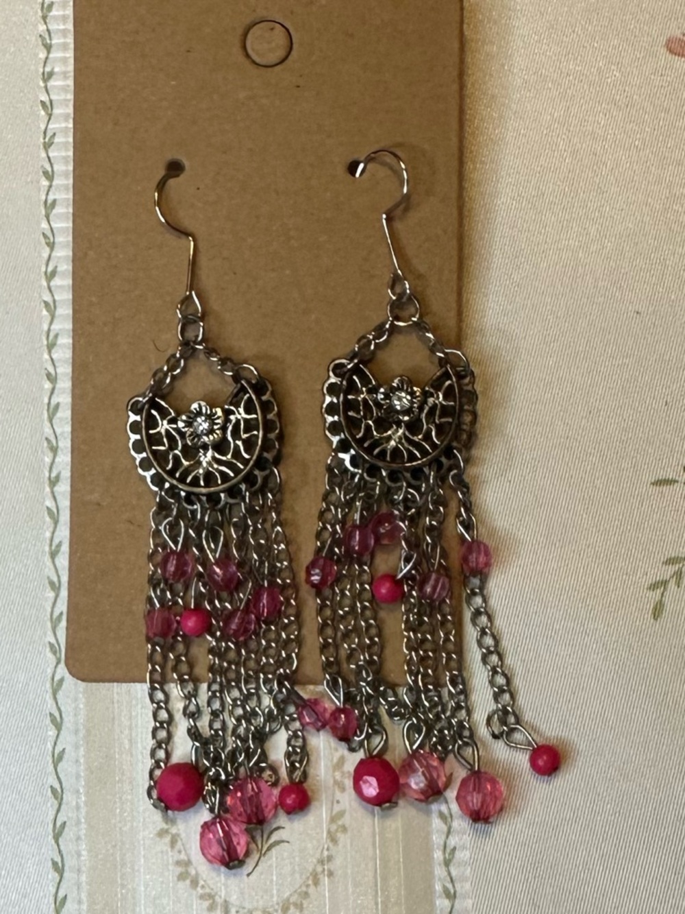 Silver Filigree Tassel Earrings with Pink Beads